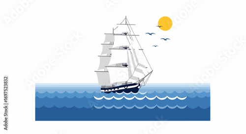 Majestic Tall Ship Sailing Gracefully on a Sunlit Ocean Voyage.