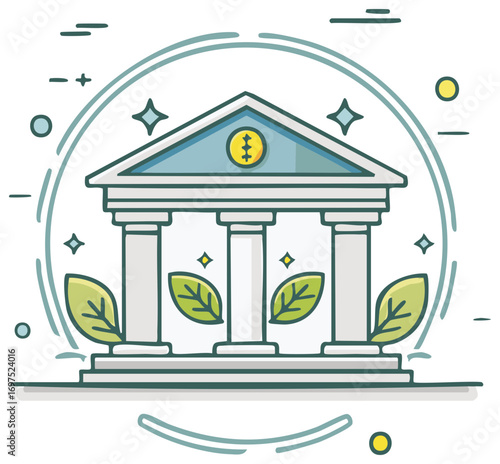 Stylized Classic Building with Columns and Green Leaves Symbolizing Finance and Growth