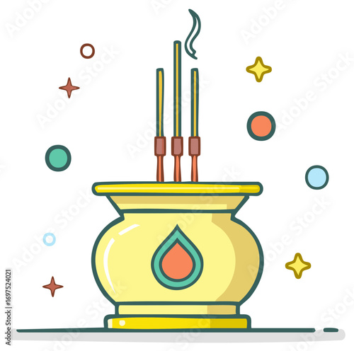 Smoldering Incense Sticks in a Decorative Vase surrounded by Cosmic Ornaments