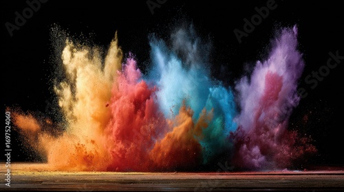 An explosion of multicolored powders creates dynamic billows and swirling clouds against a dark backdrop, resting on a wooden surface