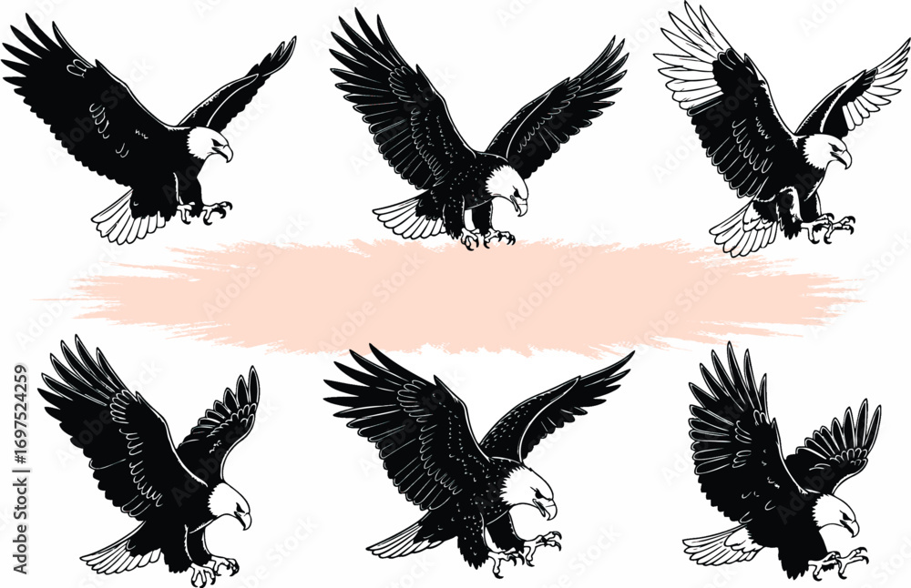 Obraz premium Eagle flying Silhouettes on white background. Symbol of strength, courage, freedom and immortality. Editable EPS 10.