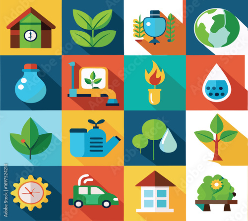 Eco friendly living and sustainable energy concepts represented by flat design icons on a colorful grid for environmental awareness and green initiatives