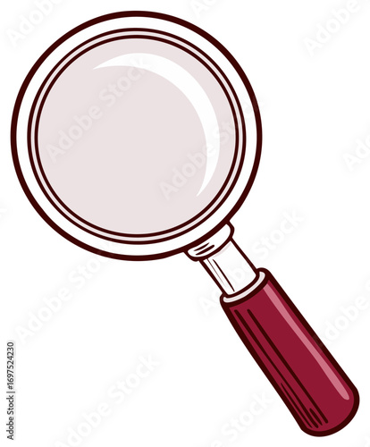 A simple maroon handled magnifying glass illustration for investigation and discovery