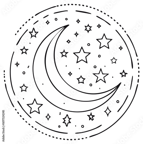 Hand Drawn Crescent Moon with Stars Circle Border Decorative Element