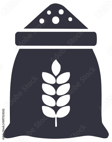 Bag of wheat flour, dark silhouette, illustration with an ear of wheat, food icon