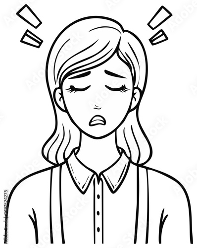 Cartoon woman feeling frustrated line art illustration graphic design, headache upset stress burnout sadness negative feelings