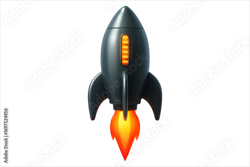 rocket in space,
Sleek Gray Rocket with Orange Flame Graphic