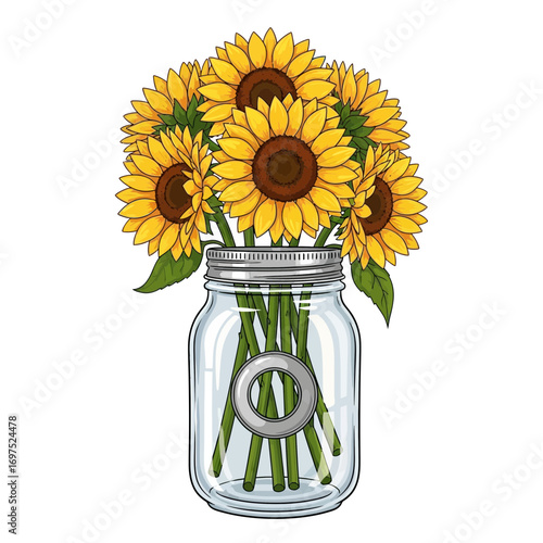 Brighten your day with a bouquet of beautiful sunflowers in a mason jar, summer vibes, vector art