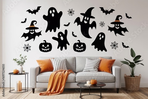 Spooky Halloween wall decals add festive fun to a cozy living room with pumpkins and ghosts.