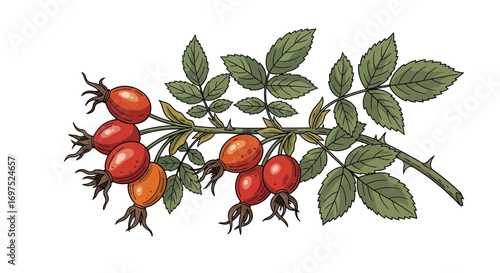 Vibrant rosehip branch with leaves for natural remedies and autumnal design elements now available!