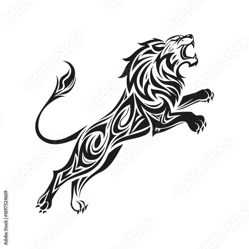 Powerful tribal lion design leaping in silhouette.