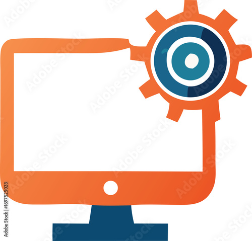 Computer monitor with integrated orange gear symbolizing technology development and system optimization
