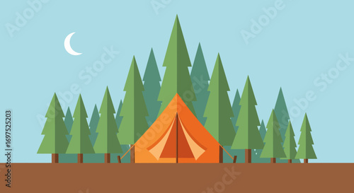 Orange Camping Tent in Front of Green Pine Trees Under Crescent Moon.