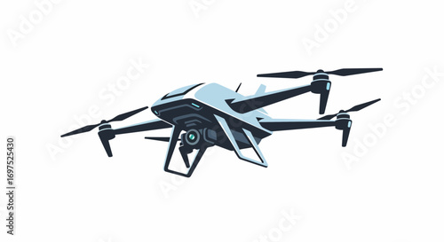 Sleek white and black quadcopter drone with camera, modern design, ready for aerial photography and videography.