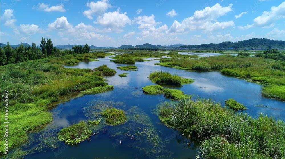 Naklejka premium the damaged wetland regains vitality after restoration, aquatic plants grow luxuriantly, migratory birds inhabit here, the water surface reflects blue sky and white clouds