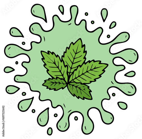 Fresh mint splash illustration with green liquid and droplets
