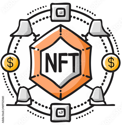 NFT Icon with Digital Elements, Cryptocurrency, and Finance Illustrations