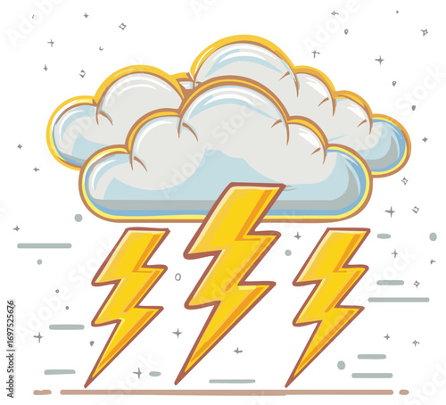 Illustration of storm cloud with lightning bolts in a flat, doodle style for weather forecast or electric hazard concepts.
