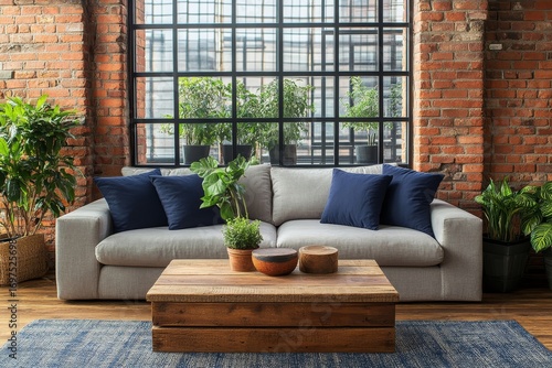Rustic coffee table near sofa with navy blue pillows in room with brick wall and big black grid windows. Loft home interior design of modern living room, Generative AI