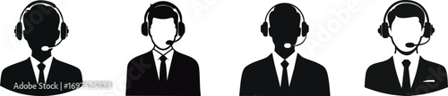 A series of silhouettes depicting individuals in headsets, representing customer service or technical support roles, each with varying expressions and attire.