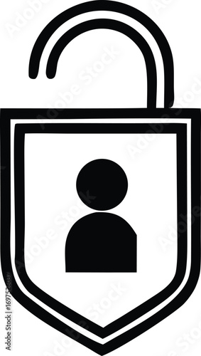 Unlock user icon symbol representing access security and personal data protection open lock security badge graphic