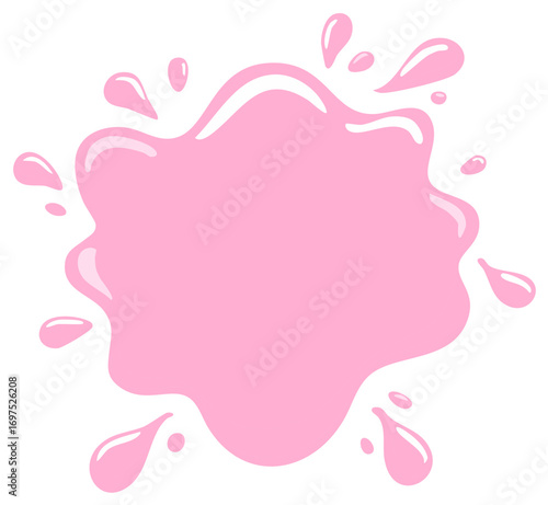 Glossy pink liquid splash with dripping drops. Cartoon vector illustration of a goo or slime splat.