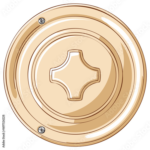 Isolated metal cap with screw hole design, gold circular cover with silver screws, round fixture on white.