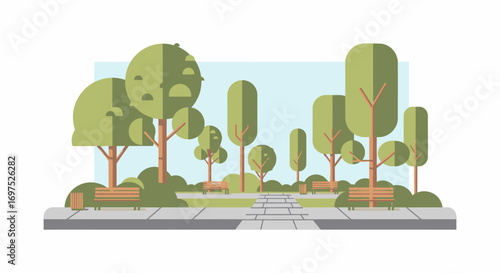 Stylized Park Scene with Trees, Bushes, and Paved Pathway.
