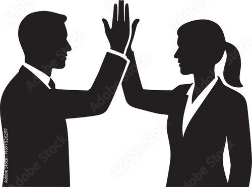 Vector Silhouette of Professionals Giving High-Five – Teamwork, Success, Celebration, Corporate Collaboration, Partnership Achievement
