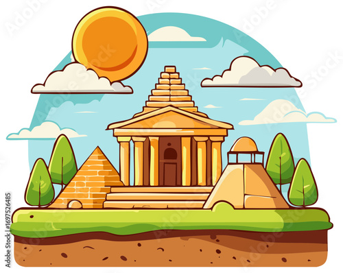 Cartoon landscape of ancient world landmarks with a classical temple and pyramid