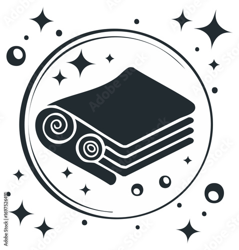 Sparkling clean laundry icon with neatly folded towels and linens in a circle emblem