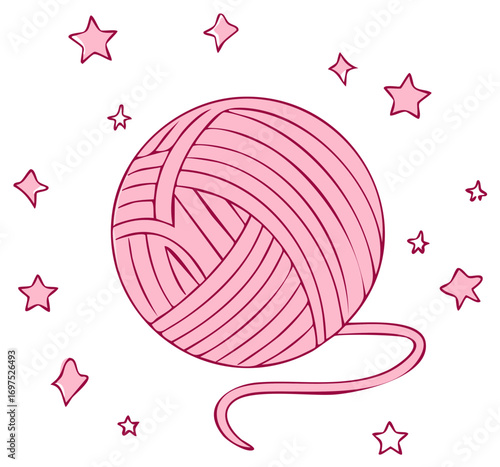Pink Yarn Ball with Stars Around, Hand Drawn, Knitting and Crochet, Decoration and Textile Concept, Warm Hobby and Cute Illustration