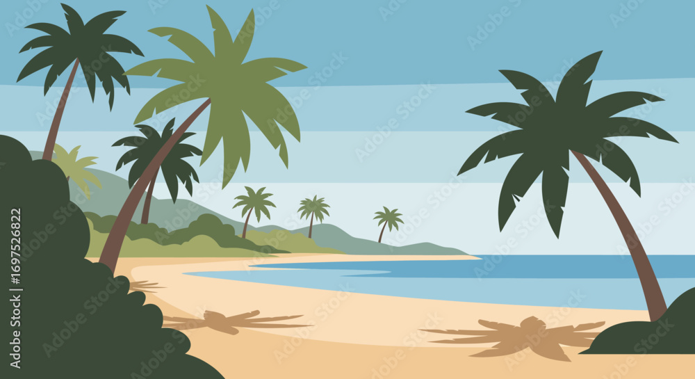 Obraz premium Tropical Beach Scene with Palm Trees and Blue Water.