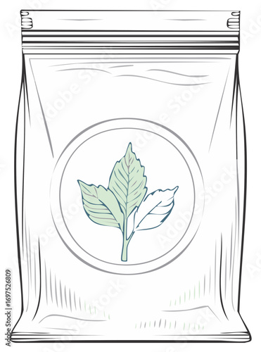Illustration of a resealable bag with a green leaf emblem and sketched texture