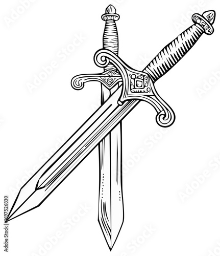 Two decorative medieval swords crossed with ornate hilts and engraved blades isolated on white