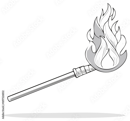 Illustration of a lit torch with a bright flame and a long handle held in an angled position