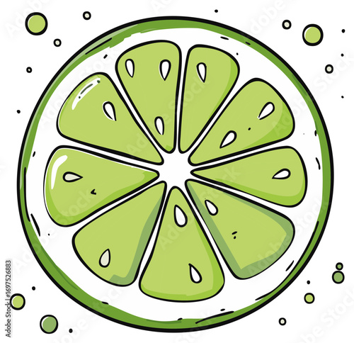 Illustration of a lime slice with green segments and black outlines, a fresh fruit concept.