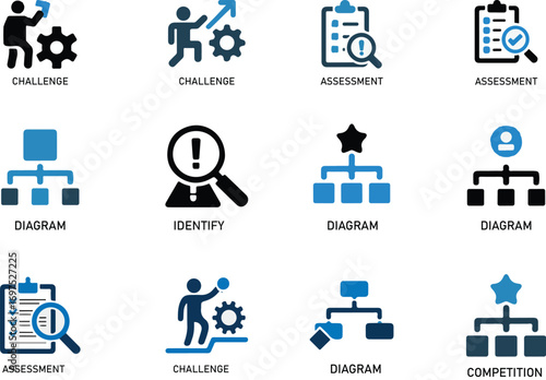 Business icons for challenge assessment diagram and competition