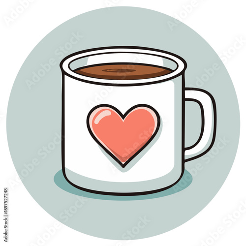 Cute cartoon illustration of a white coffee mug with a pink heart symbol on a circular background.