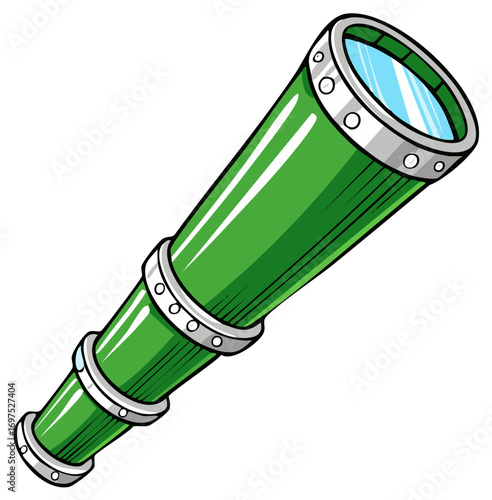 Illustration of a green cartoon collapsible spyglass or vintage telescope for exploration and discovery