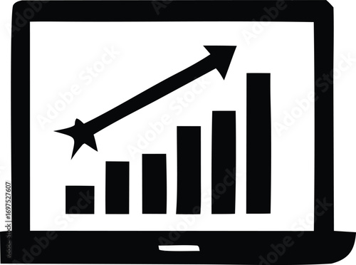 Laptop displaying positive financial growth chart with upward trending arrow and bar graph representing business success and analytics