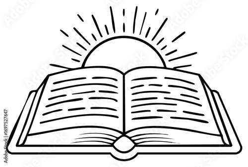 Open book with sunburst over the pages, educational and knowledge concept