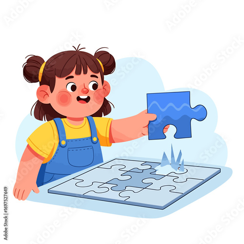 A young girl with pigtails is putting a blue puzzle piece into a puzzle board.