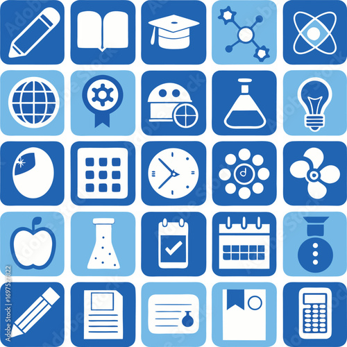 Collection of education and science icons perfect for online learning platforms and academic resources