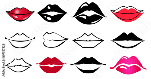 Woman's lip gestures icon vector set. Girl mouths close up expressing different emotions illustration sign collection. Kiss symbol.