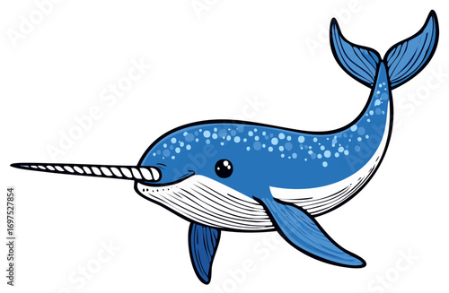 Vector illustration of a cute blue cartoon narwhal with a long spiral tusk