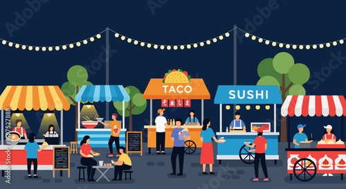 Vibrant Night Food Market with Diverse Food Stalls.