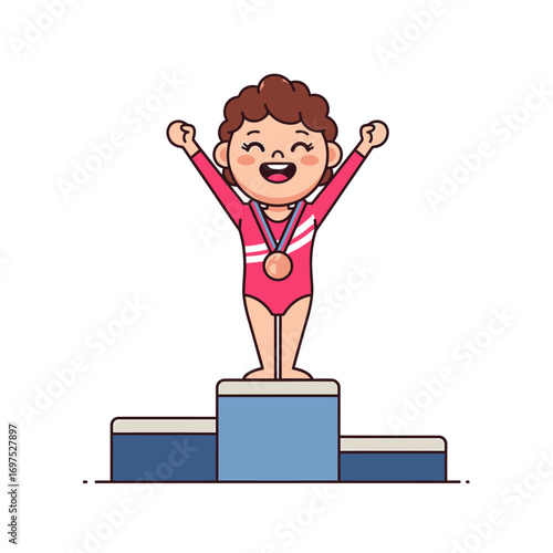 Cartoon girl gymnast stands on a podium with arms raised, wearing a medal, celebrating victory.