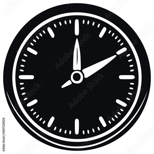 Simple black and white clock face showing the time with white hands and hour markers