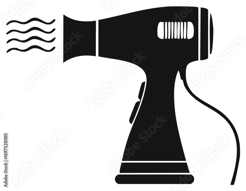 Black and white hair dryer icon with wind illustration